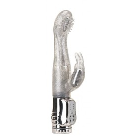 Вибратор с блёстками и клиторальным стимулятором WATERPROOF ROTATING G-SPOT RABBIT - 17,5 см.